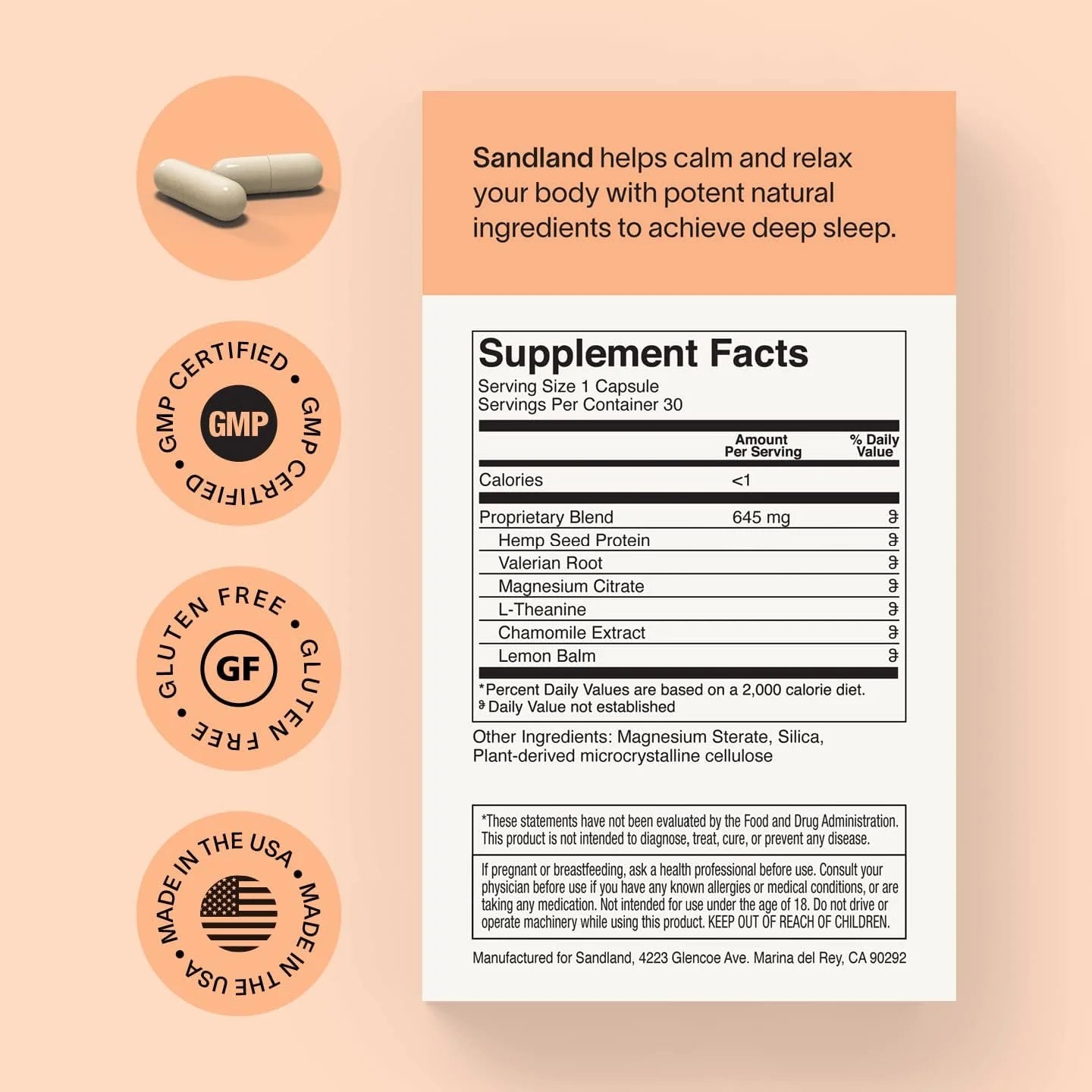 Sandland Deep Sleep, Natural Daily Sleep Supplement, 30 Capsules, Magnesium, Valerian Root, Chamomile Extract, Lemon Balm, Melatonin Free, Made in The USA