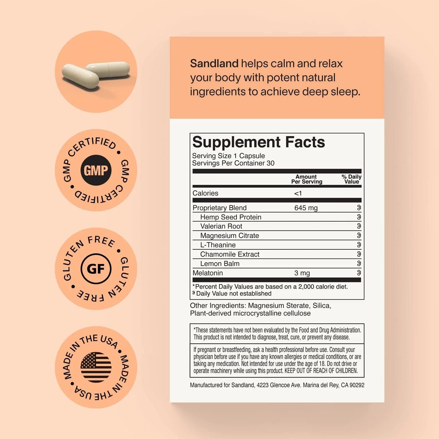 Sandland Deep Sleep with Melatonin, Natural Daily Sleep Supplement, 30 Capsules, 3mg Melatonin, Magnesium, Valerian Root, L-Theanine, Lemon Balm and Chamomile, Made in The USA