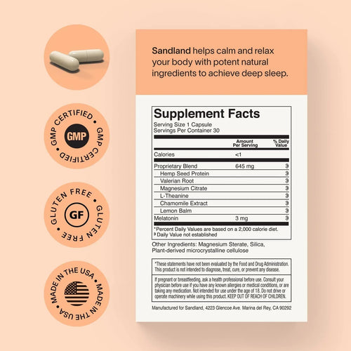 Sandland Deep Sleep with Melatonin, Natural Daily Sleep Supplement, 30 Capsules, 3mg Melatonin, Magnesium, Valerian Root, L-Theanine, Lemon Balm and Chamomile, Made in The USA