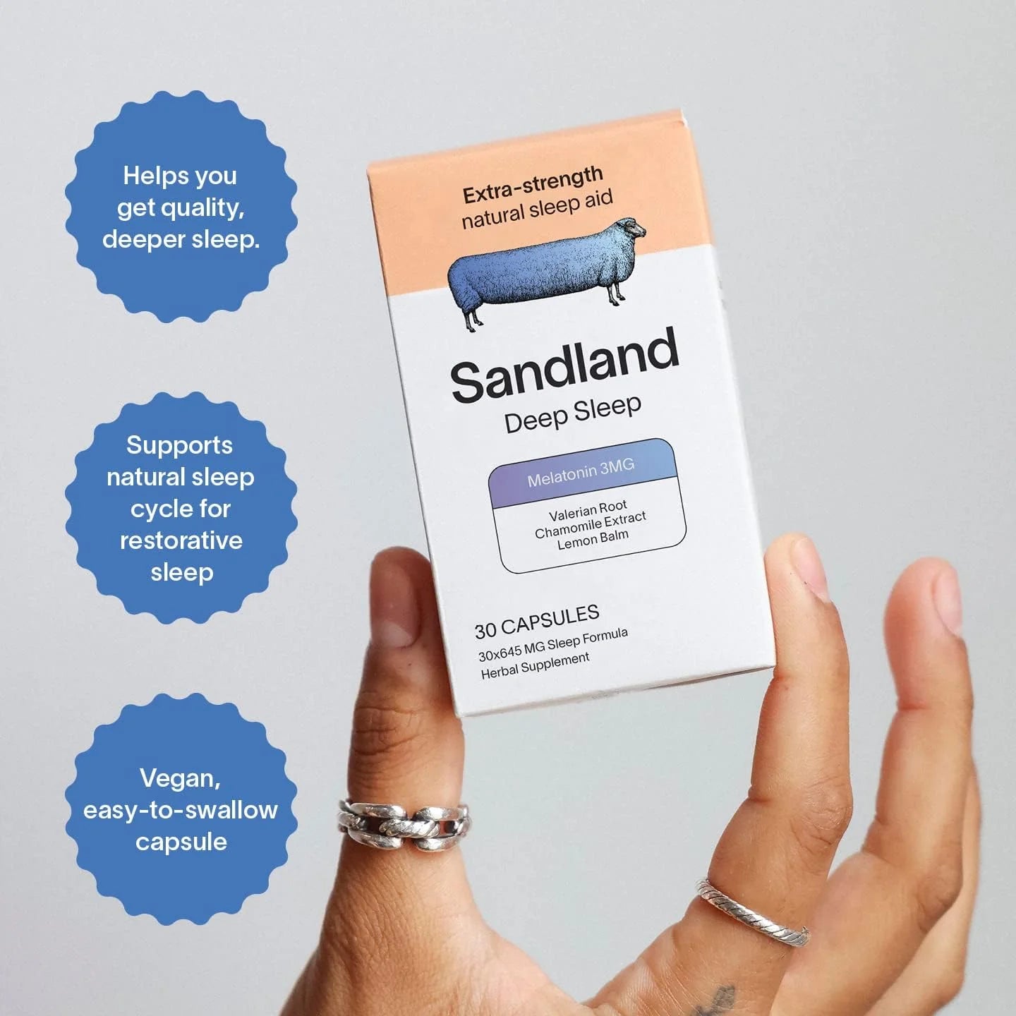 Sandland Deep Sleep with Melatonin, Natural Daily Sleep Supplement, 30 Capsules, 3mg Melatonin, Magnesium, Valerian Root, L-Theanine, Lemon Balm and Chamomile, Made in The USA