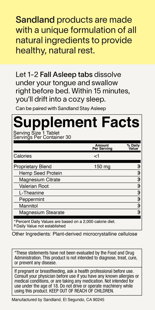 Sandland Fall Asleep, Natural Daily Sleep Supplement, 30 Dissolving Tablets, Magnesium, Valerian Root, L-Theanine, Peppermint Leaf, Melatonin Free, Made in The USA