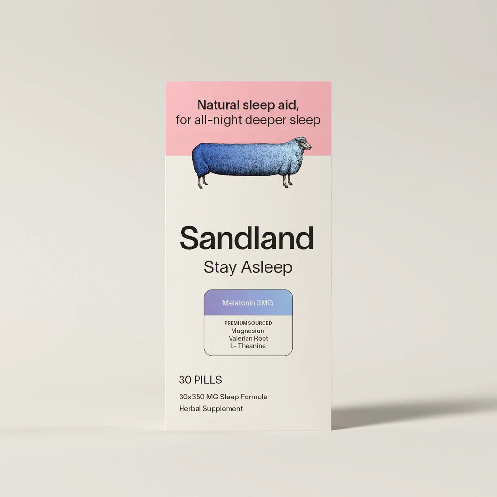 Sandland Stay Asleep Plus Melatonin, Natural Daily Sleep Supplement, 30 Pills, 3mg Melatonin, Magnesium, Valerian Root, L-Theanine, Peppermint Leaf, Made in The USA