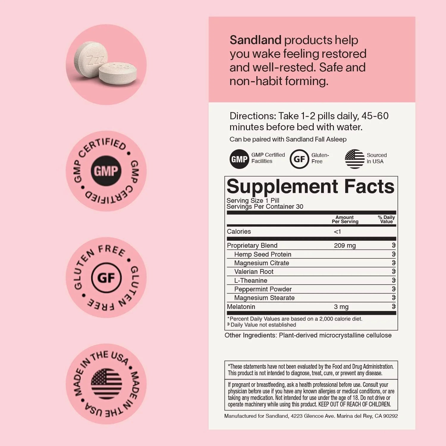 Sandland Stay Asleep Plus Melatonin, Natural Daily Sleep Supplement, 30 Pills, 3mg Melatonin, Magnesium, Valerian Root, L-Theanine, Peppermint Leaf, Made in The USA